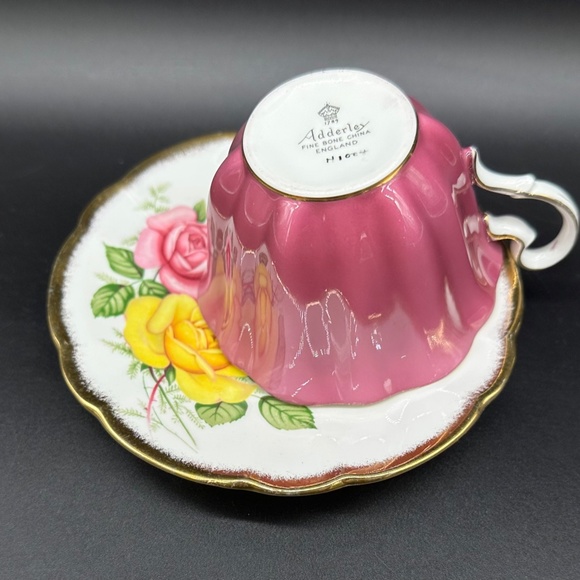 Adderley Pink Yellow Roses Tea Cup Saucer Set Bone China England - Picture 4 of 5